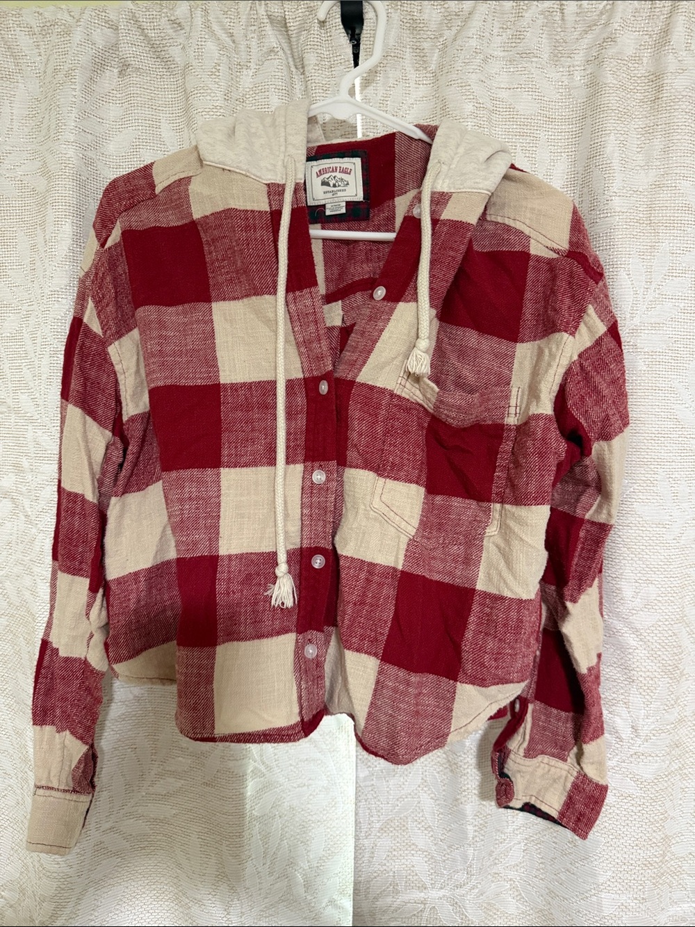 American Eagle Outfitters Red and Cream Plaid Hooded Button-Up